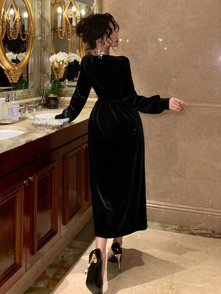 French V-Neck Handmade Rhinestone Velvet Dress, Women's Elegant Long Dress, Autumn/Winter Dress