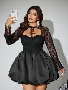 Viva Relle 女士黑色性感长袖蕾丝泡泡下摆迷你连衣裙，适合派对、约会、聚会等场合 - 黑色 - 查看 6