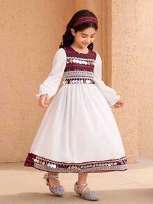 SHEIN Đầm thường ngày cổ tròn tay dài thêu họa tiết sequin cho bé gái - Nhiều màu - Xem 5