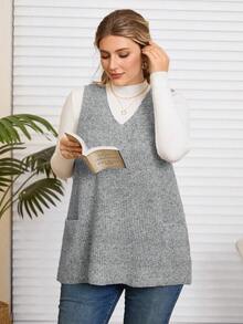 Rosumi Plus Size Casual Inner Layer Versatile Basic V-Neck Large Neckline Black Pocketed Loose Pullover Autumn Winter Sweater Vestbusiness Casual Woman,Holiday Outfits,Country Tops