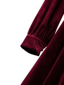 GlowEve CURVE Plus Size Women Elegant Christmas Red Beaded Velvet Long Sleeve Dress - Burgundy - View 4