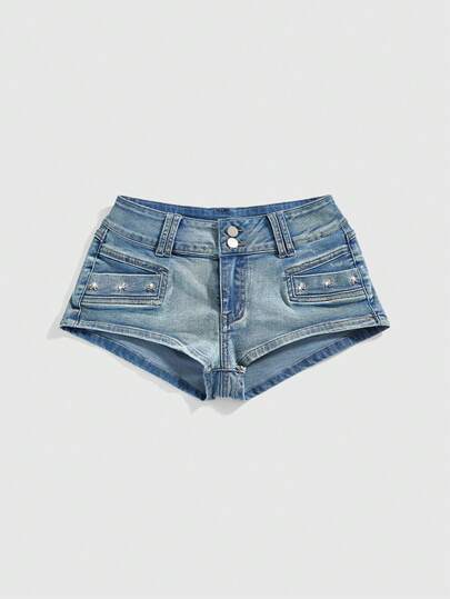 SHEINxHITOMI ROMWE Quần short denim cạp trễ đính đinh tán hình đầu lâu cổ điển gợi cảm dành cho nữ