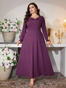 Modelyn Váy dài tay chữ A dáng suông họa tiết hoa hồng phong cách Pháp thanh lịch cho nữ cỡ lớn, phong cách tối giản, sang trọng, thu/đông - Màu tím - Xem 4