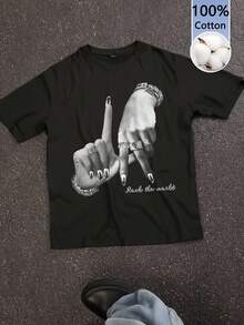 Attitoon Women's Casual Loose Fit Drop Shoulder Crew Neck Short Sleeve Black T-Shirt With LA Hand Gesture Print - Summer/Fall/Winter Streetwear, Vintage Retro Hip-Hop Style, Back To School & Women's Casual Outfits,Graphic Tees