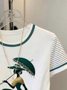 Resyla Women's Casual Striped Patchwork Figure Print T-Shirt, Summer - White - View 3