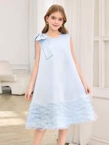 A Girl's Ruffled Sleeveless A-Line Dress With A Tie Bow, Suitable For Parties, Elegant And Casual. A Girl's Bow Collar Ruffled Sleeveless A-Line Chiffon Dress - Baby Blue - View 3
