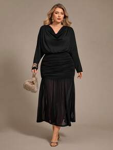 Auralis 大码女装秋冬时尚优雅舒适黑色露背长袖薄纱连衣裙，曲线连衣裙，秋季服装，派对装扮 - 黑色 - 查看 3