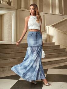 Selenza Falda vaquera extra larga de moda para mujer - Azul - Ver 6