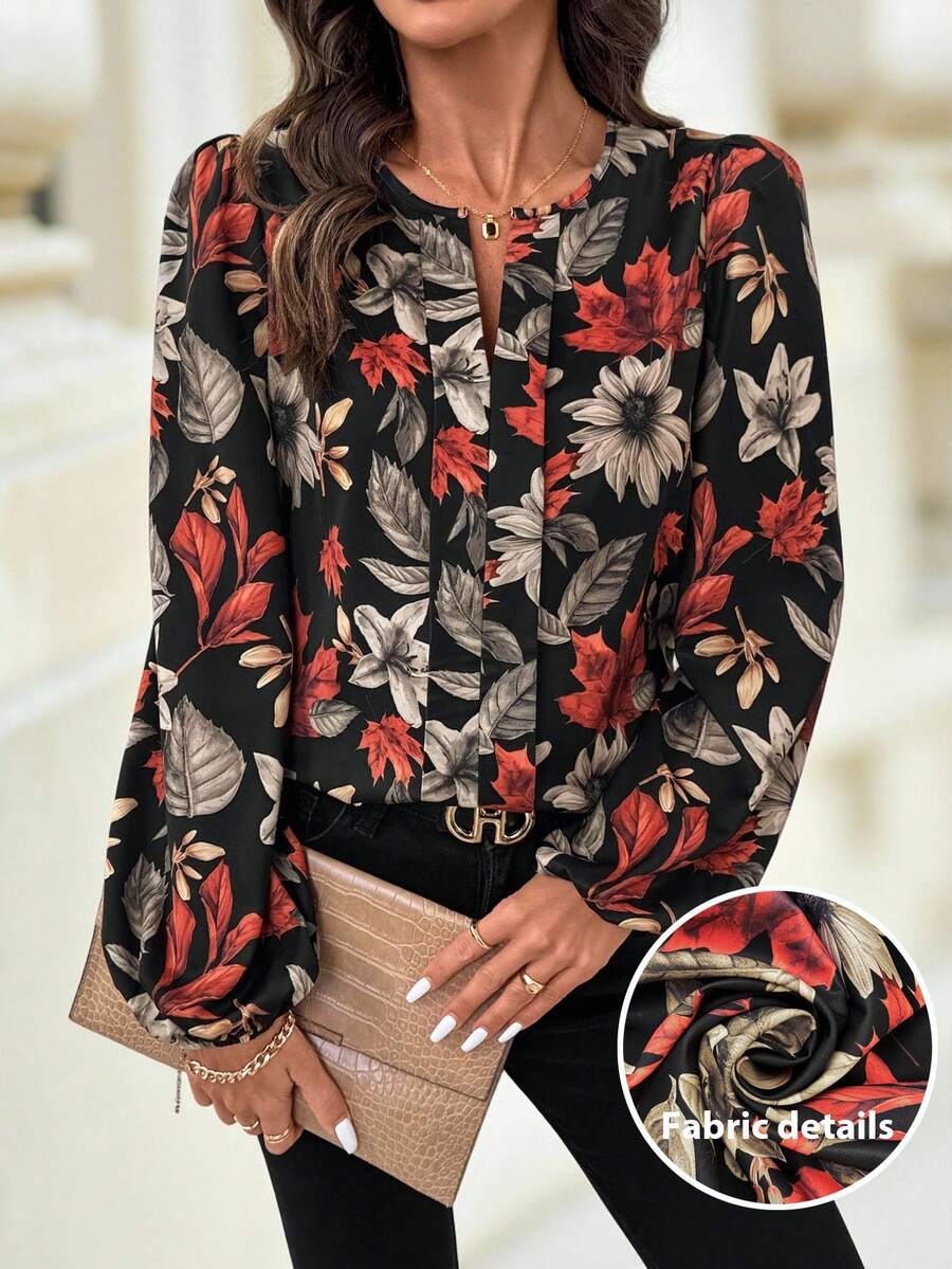 SHEIN Clasi 女士优雅V领印花长袖衬衫,适合日常通勤及多种场合穿着。新年女装,女士衬衫,长袖印花衬衫,灯笼袖衬衫,秋季上衣,波西米亚风衬衫,印花衬衫,花衬衫,女士衬衫 - 彩色 - 查看 1