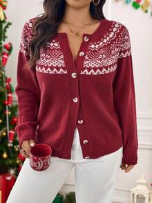 SHEIN LUNE Plus Size Geometric Pattern Front Button Casual Long Sleeve Cardigan Christmas - Multicolor - View 8