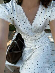 Cévolie Women's Elegant Polka Dot Print Midi Dress, Suitable For Commuting - White - View 1