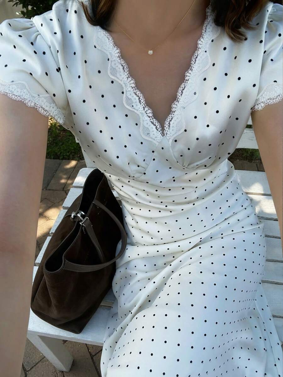 Cévolie Women's Elegant Polka Dot Print Midi Dress, Suitable For Commuting - White - View 1