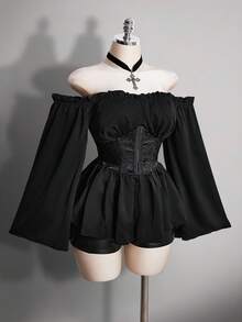 SHEIN ICON 女士黑色褶皱提花腰带拼接荷叶边露肩喇叭袖波浪下摆A字雪纺衬衫，适合派对和休闲穿着 - 黑色 - 查看 6