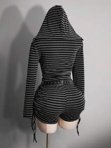 SHEIN ICON Plus Size Y2K Dark Punk Style Casual Side Ruched Drawstring Striped Shorts Goth Shorts Black And Gray Striped Shorts Ruched Shorts - Black - View 14