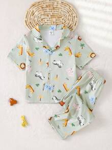 Young BoyCasual Minimalist Long Sleeve Cardigan And Pants Pajama Set - Multicolor - View 1