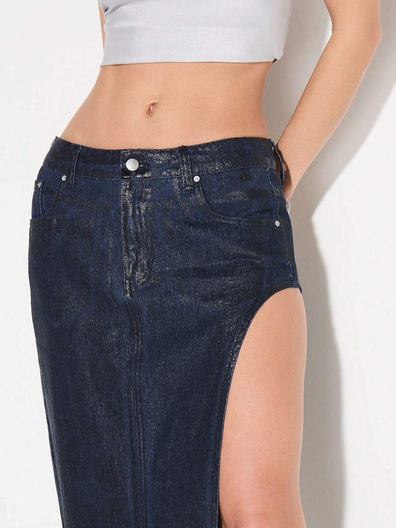 KIZN Coated Denim Maxi Skirt With Side Split