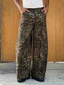 SWAVVY 男士豹纹口袋休闲宽松裤，日常百搭 - 卡其色 - 查看 1