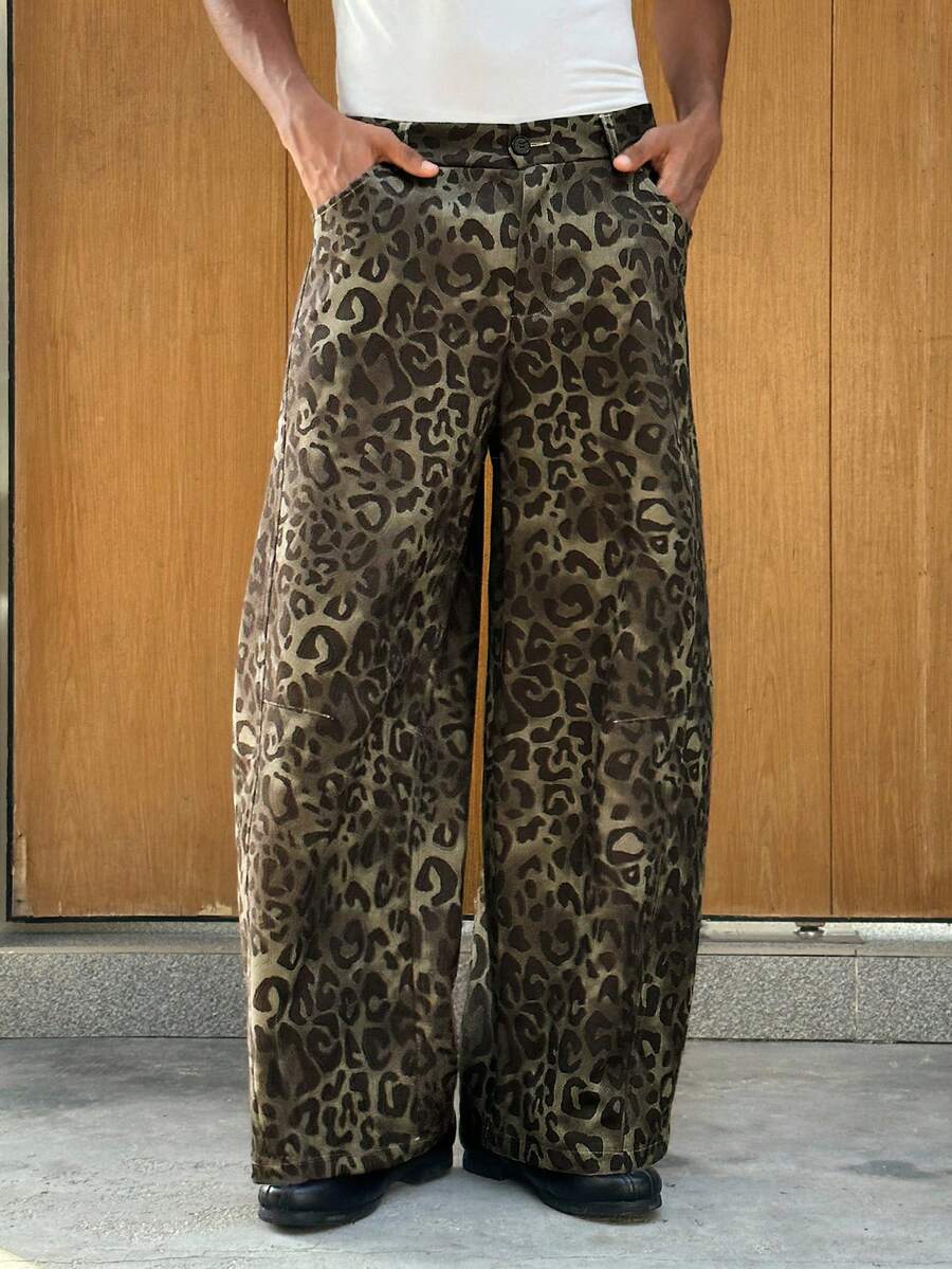 SWAVVY 男士豹纹口袋休闲宽松裤，日常百搭 - 卡其色 - 查看 1