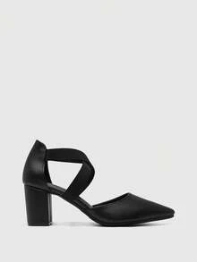 CUCCOO BIZCHIC Women's Fashion Black Elastic Combination Ankle Strap Pointed Toe Chunky High Heel Pumps, Suitable For Commuting, Dating, Party, Wedding, Holiday, Hollow Out - Black - View 2