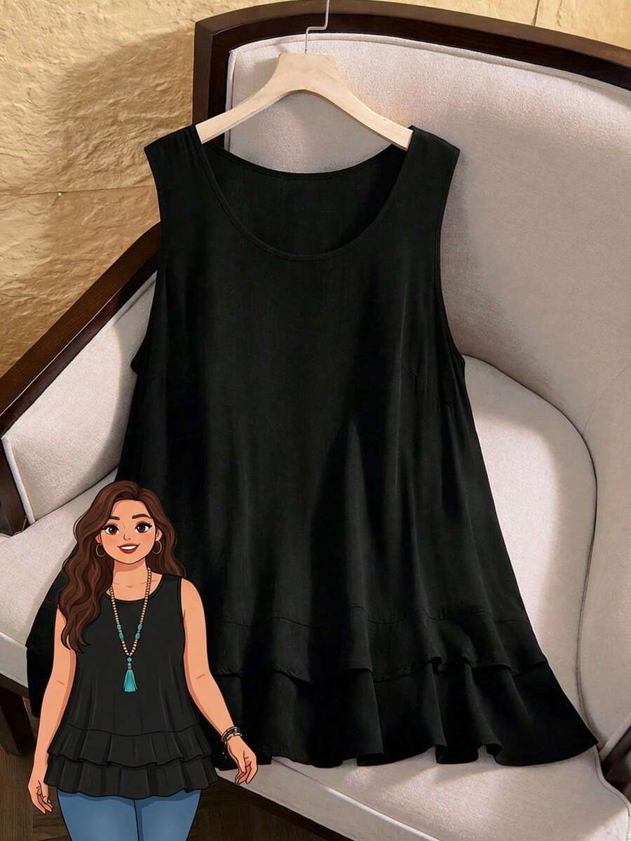 Rusticease Top informal de mujer de talla grande con cuello redondo y volante en el bajo, de unicolor