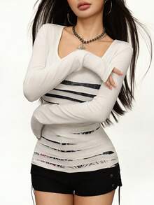 Rina Fox Women's Contrast Color Mesh Patchwork Scoop Neck Fashionable Sexy Long Sleeve T-Shirt - White - View 3