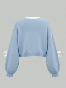 ROMWE Kawaii 女士音符提花蝴蝶结装饰落肩长袖针织开衫 - 淺藍色 - 查看 2