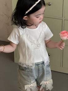 DAZY 女婴圆领二合一蕾丝拼接短袖上衣 春夏幼儿女童服装 - 白色 - 查看 5