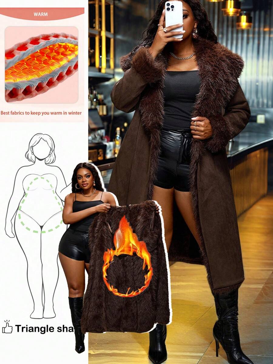 Truni Plus Size Women Solid Color Long Sleeve Faux Fur Long Jacket, For Pear Triangle Body Shape/Winter