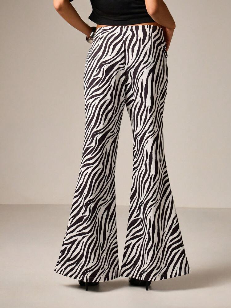 Zebra Print Flared Wide Leg Trousers