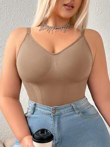 SHEIN 1 bộ đồ định hình liền mạch cỡ lớn cho nữ, định hình eo và bụng, thiết kế khóa bấm ở đáy quần dễ mặc, có thể mặc làm áo khoác ngoài - màu nâu - Xem 3