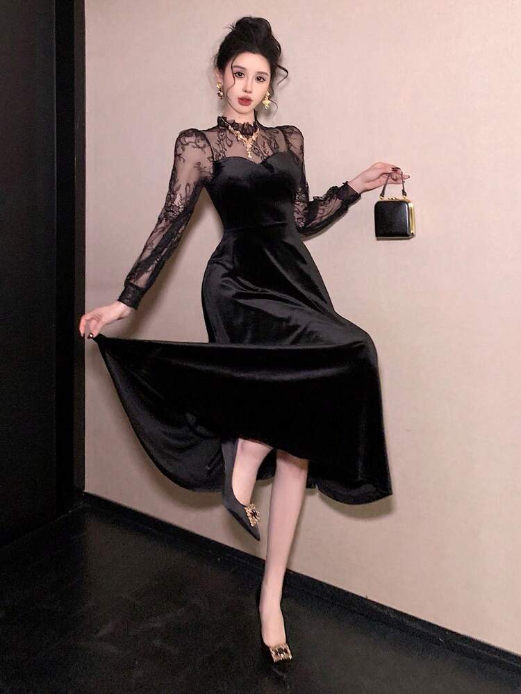 Women's Elegant Party Lace Patchwork Dress Maxi Dress