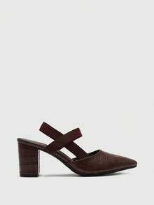 CUCCOO BIZCHIC 女士时尚咖啡色压纹舒适弹力带尖头粗跟高跟鞋，适合通勤、度假和日常穿着 - 咖啡棕 - 查看 4