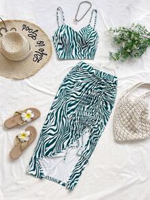 Soleia 女式夏季斑马纹吊带背心，配有抽绳开衩下摆中长裙 2 件套 - 彩色 - 查看 5