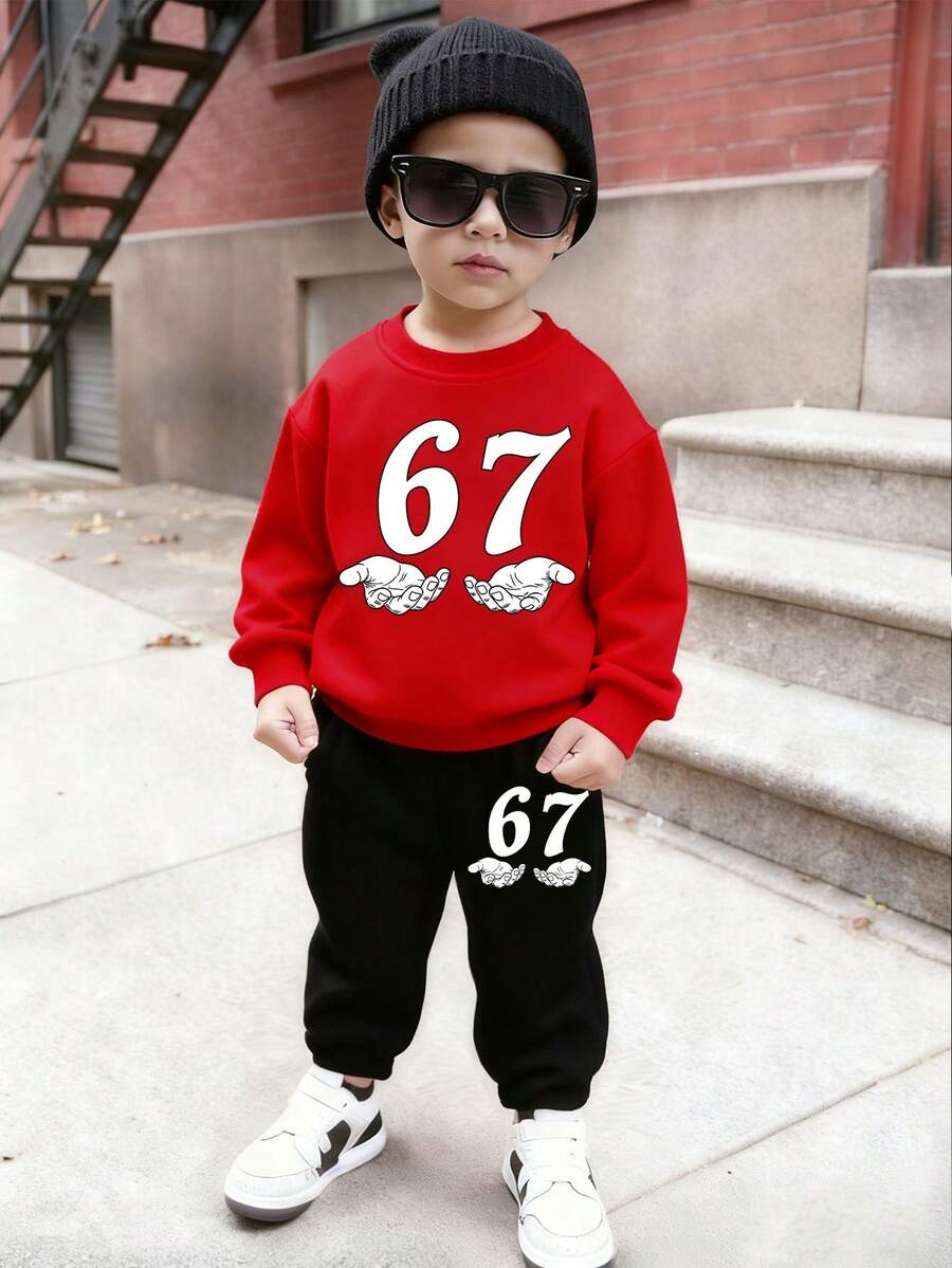 2pcs/Set Young BoyCasual Creative Digit 67 & Palm Print Round Neck Sweatshirt And Pants Cozy Fall & Winter Outfit - Multicolor - View 1