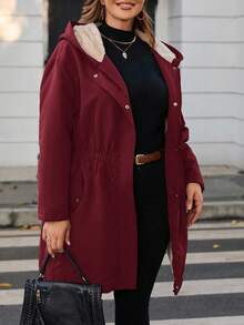 SHEIN PETITE CURVE Plus Size Waisted Hooded Fleece Jacket With Pocket - Burgundy - View 5