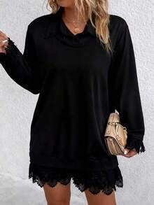 EMERY ROSE Sudadera informal de talla grande con parches de encaje de unicolor, otoño - Negro - Ver 5