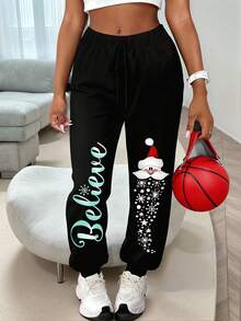 EMERY ROSE Plus Size Women Christmas Letter & Snowflake Santa Claus Print Drawstring Waist Jogger Pants - Black - View 1