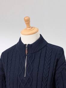 Manfinity Homme Men's Casual Solid Color Cable Knit Drop Shoulder Sweater, Autumn/Winter - Navy Blue - View 5