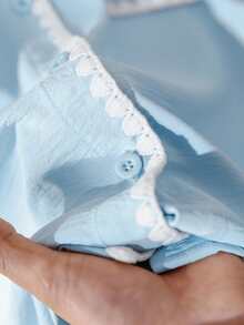 CosyJoli 大码女式休闲宽松短袖撞色滚边衬衫，浅蓝色衬衫，浅蓝色女式衬衫，短袖女式衬衫，夏季休闲度假春季女式衬衫，浅蓝色衬衫，翻领衬衫 - 藍色 - 查看 7