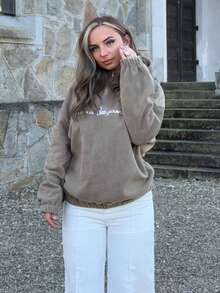 Jeta Ari Women's Autumn/Winter Letter & Mountain Embroidery Drop Shoulder Long Sleeve Zip-Up Casual Hoodie - Mocha Brown - View 4