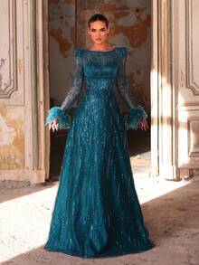 Aureia 优雅奢华的珍珠亮片网纱长袖连衣裙，适合婚礼、派对、度假、晚宴、正式场合（装饰繁复） - 湖藍色 - 查看 1