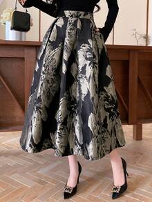 DAZY 女士花卉提花褶裥优雅半身裙 - 黑色 - 查看 5