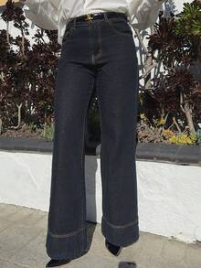 Andrea Bello 女士休闲直筒纽扣口袋牛仔裤，百搭日常穿着 - 深色水洗藍 - 查看 5