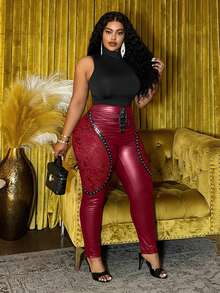 Slaydiva 大码新款秋冬休闲街头性感Y2K辣妹风日常约会生日派对蕾丝拼接PU铆钉装饰前中假门襟和孔眼装饰黑色PU裤情人节 - 酒紅色 - 查看 5