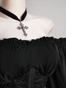 SHEIN ICON 女士黑色褶皱提花腰带拼接荷叶边露肩喇叭袖波浪下摆A字雪纺衬衫，适合派对和休闲穿着 - 黑色 - 查看 7