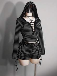 SHEIN ICON Áo thun dệt kim dài tay có mũ trùm đầu họa tiết sọc Punk cổ điển Y2K cỡ lớn - màu đen - Xem 5