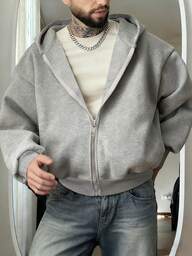 Manfinity Dauomo קפוצ'ונים אפורים לגברים עם שרוולים ארוכים וג'ינס רפויים