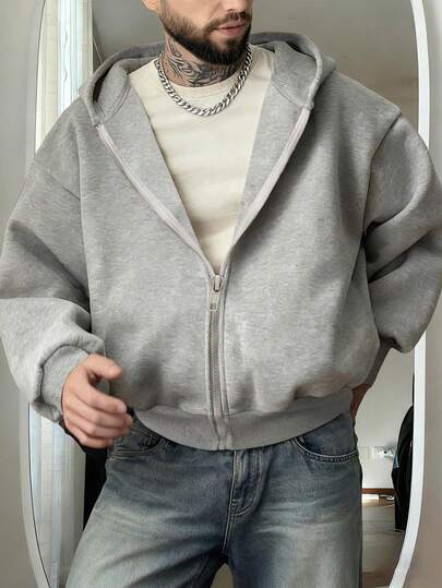 Manfinity Dauomo Grey Casual Loose Fit Long Sleeve Men's Zip-Up Hoodies