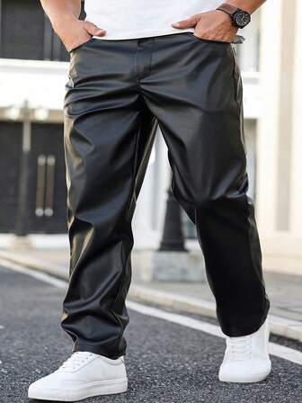 Manfinity Homme Plus Size Men's Solid Color Pocket PU Leather Casual Pants, Versatile Track Pants For Men Mens Wide Leg Side Stripe Gym Pants Men Street Wear Pants Wind Breaker Pants,A Stylish Streetwear Versatile Item, Perfect As A Gift For Your Boyfriend.