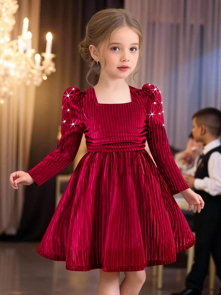 Young Girl Ruched Square Neck Waist Puff Sleeve Beaded Christmas Dress, Elegant And Fashionable For Parties, Birthdays Or Everyday Wear - Red - View 1